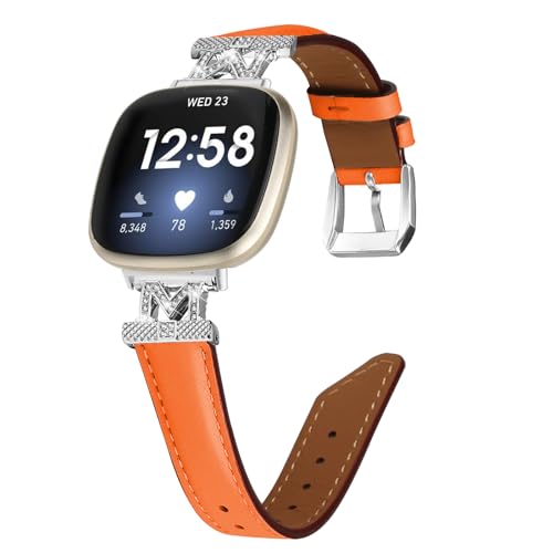 Kompatibel mit Fitbit Versa 4 & Sense 2 Band für Damen und Herren, Leder, silberfarbenes Kopfband, Ersatzarmband für Sport- und Fitnessuhr, kompatibel mit Fitbit Versa 3 und Sense Bändern für Damen von AsohsEN