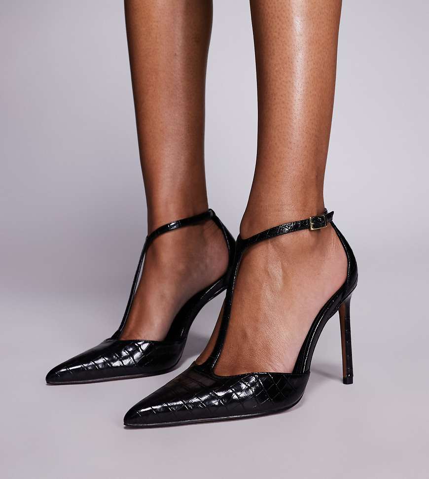 ASOS DESIGN Wide Fit - Prime - Schuhe in Kroko-Schwarz mit T-Steg und hohem Absatz, weite Passform ASOS DESIGN Wide Fit - Prime - Schuhe in Kroko-Schwarz mit T-Steg und hohem Absatz, weite Passform von Asos Design Wide Fit