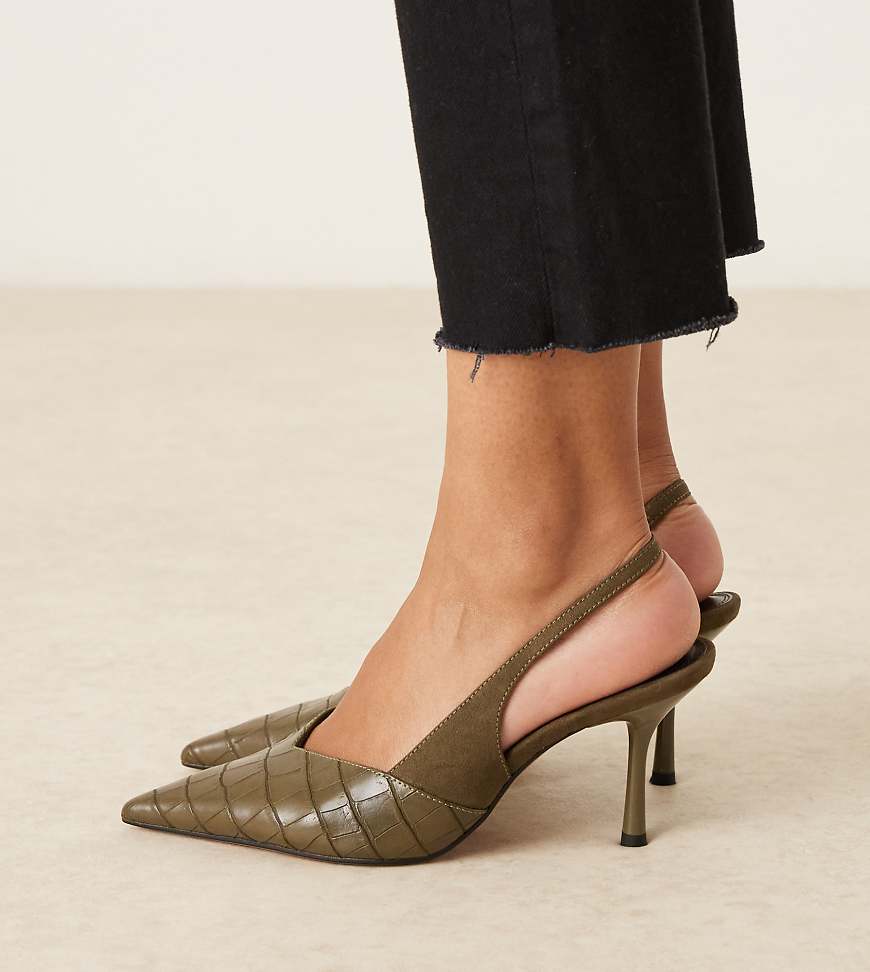 ASOS DESIGN Wide Fit - Sabrina - Schuhe in Kroko-Oliv mit Stilettoabsatz und Fersenriemen, weite Passform-Bunt von Asos Design Wide Fit