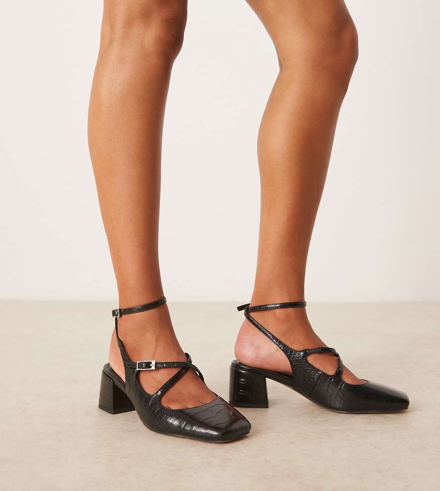 ASOS DESIGN Wide Fit - Simone - Schuhe in Kroko-Schwarz mit mittelhohem Blockabsatz und Riemen mit Schnalle, weite Passform von ASOS DESIGN Wide Fit