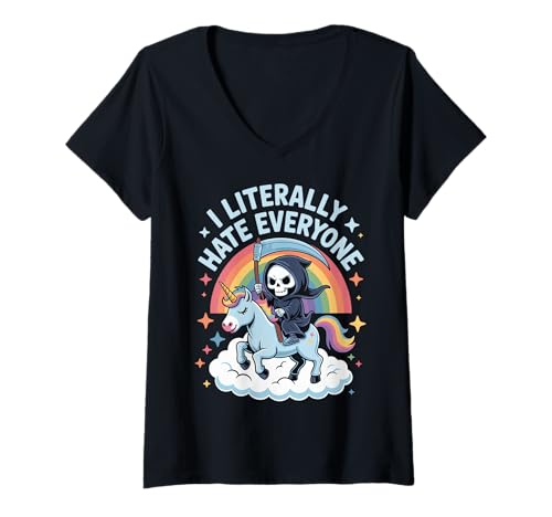 Damen I Literally Hate Everyone T-Shirt mit V-Ausschnitt Damen I Literally Hate Everyone T-Shirt mit V-Ausschnitt von Asozial Zynismus Introvertiert Soziale Angst