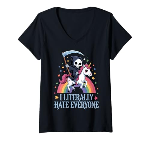 Damen I Literally Hate Everyone T-Shirt mit V-Ausschnitt Damen I Literally Hate Everyone T-Shirt mit V-Ausschnitt von Asozial Zynismus Introvertiert Soziale Angst
