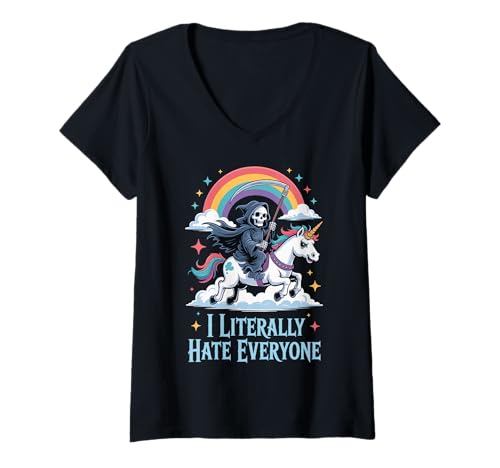 Damen I Literally Hate Everyone T-Shirt mit V-Ausschnitt Damen I Literally Hate Everyone T-Shirt mit V-Ausschnitt von Asozial Zynismus Introvertiert Soziale Angst