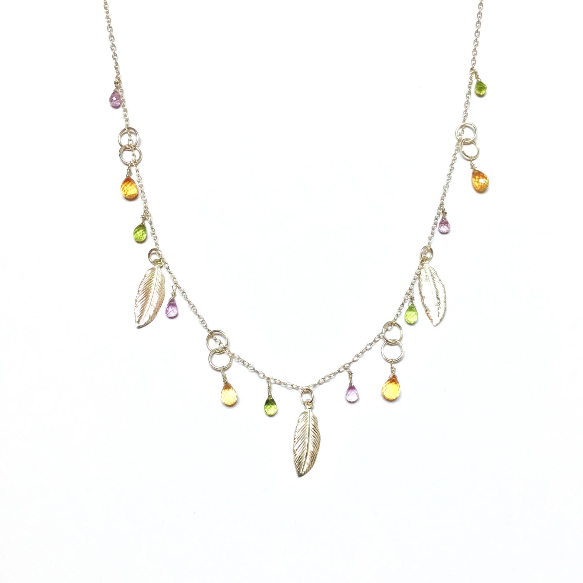 Boho Sterling Silber Blatt Halskette Mit Amethyst Citrine Peridot Edelstein von AspasiaJewellery