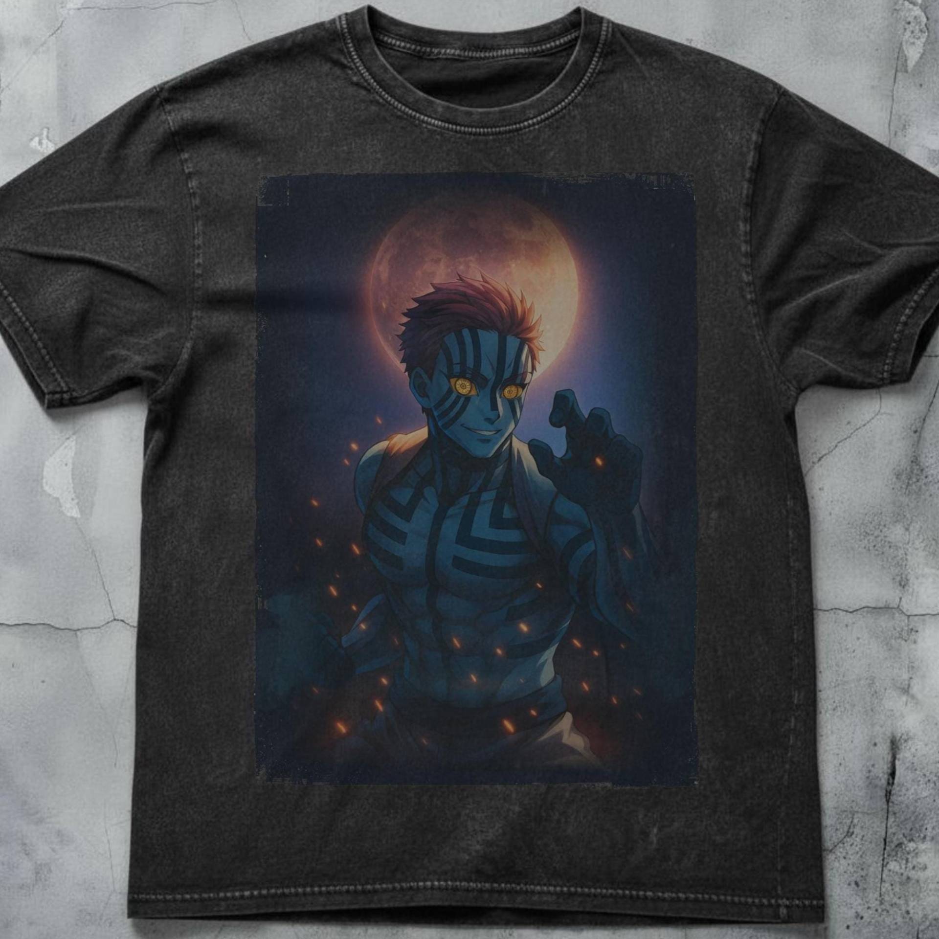 Akaza Uppermoon Oversize Washed T-Shirt - Demon Slayer Fashion Of 3rd Rising Moon, Acid Wash, Cotton, Trendy Casual Clothing For Fans von AsphaltVision