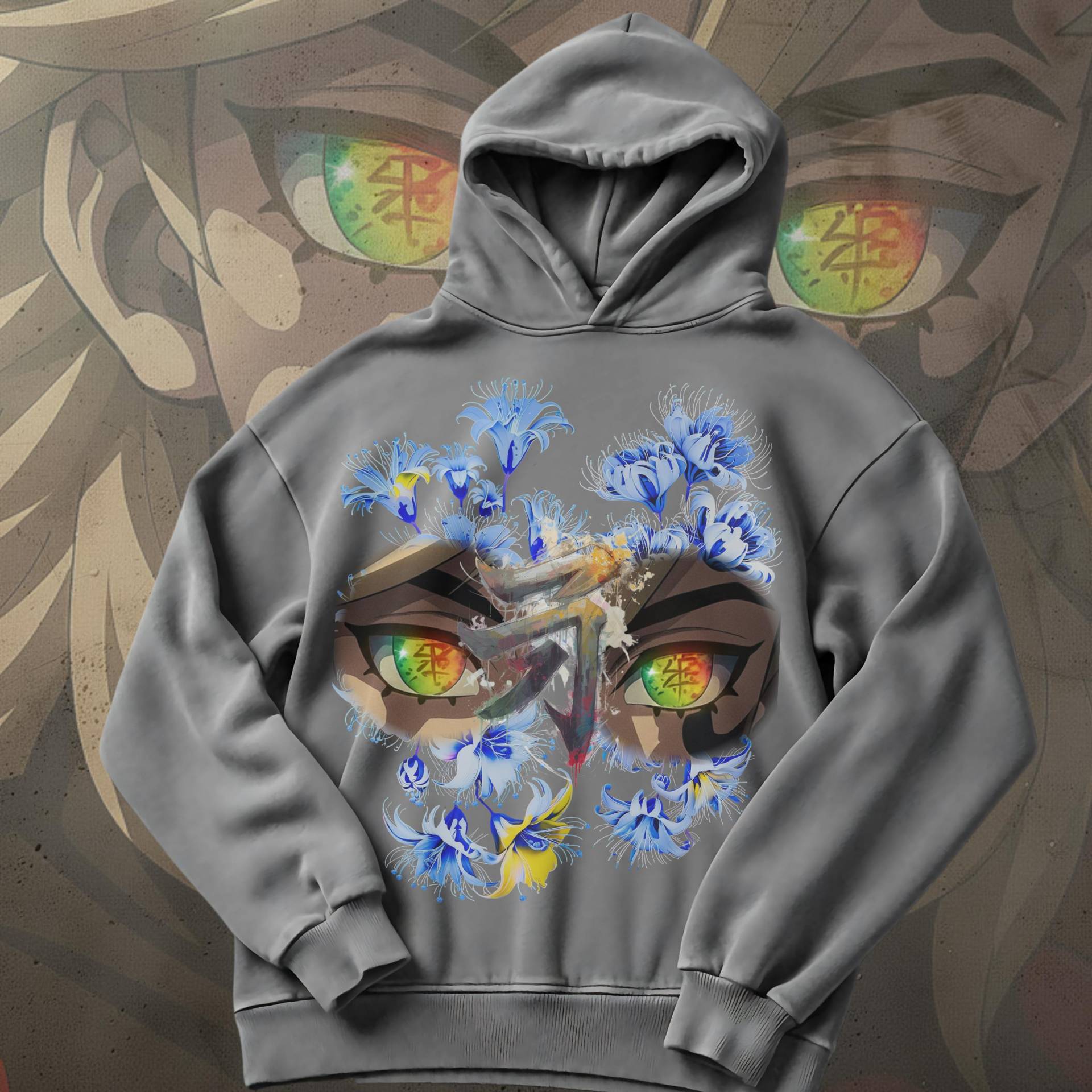 Doma Demon Slayer Uppermoon Hoodie Washed Pattern - 2nd Rising Moon Design Of Anime Series, Oversized Fit von AsphaltVision