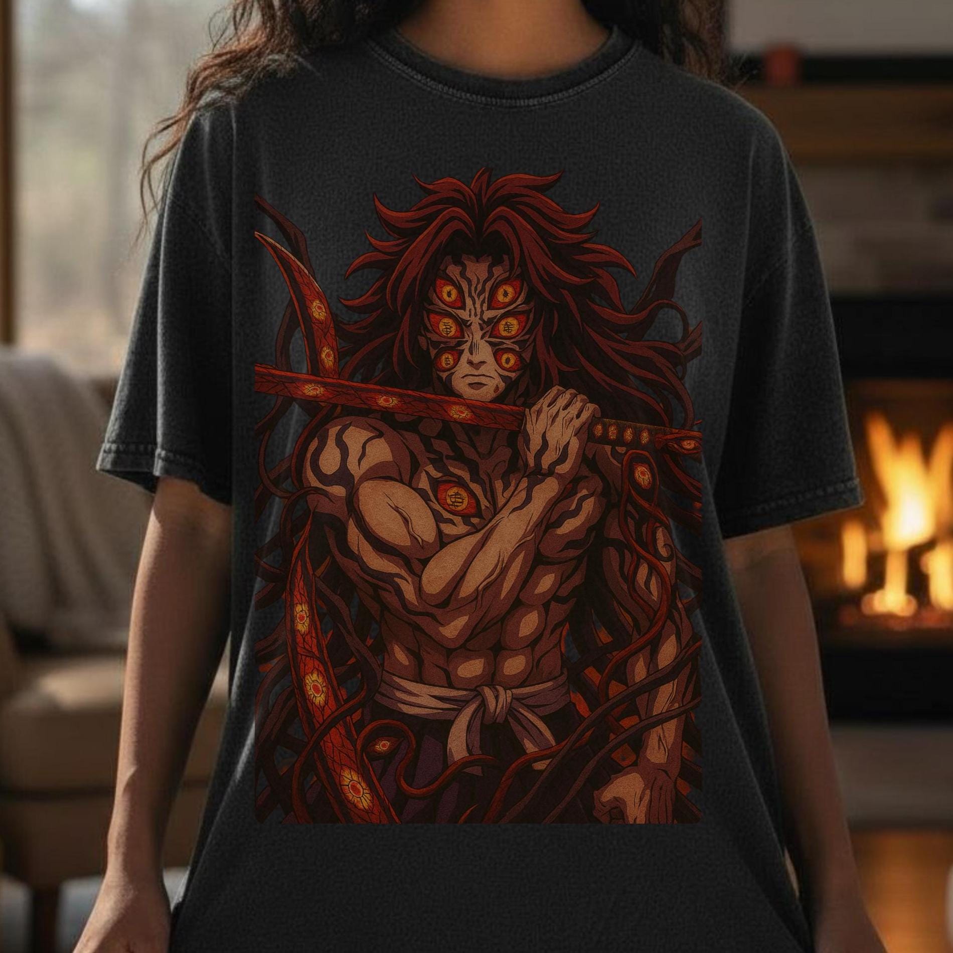 First Uppermoon Demon Slayer Washed Shirt & Hoodie - 1st Rising Moon Kokushibu Design, Oversized Fit von AsphaltVision