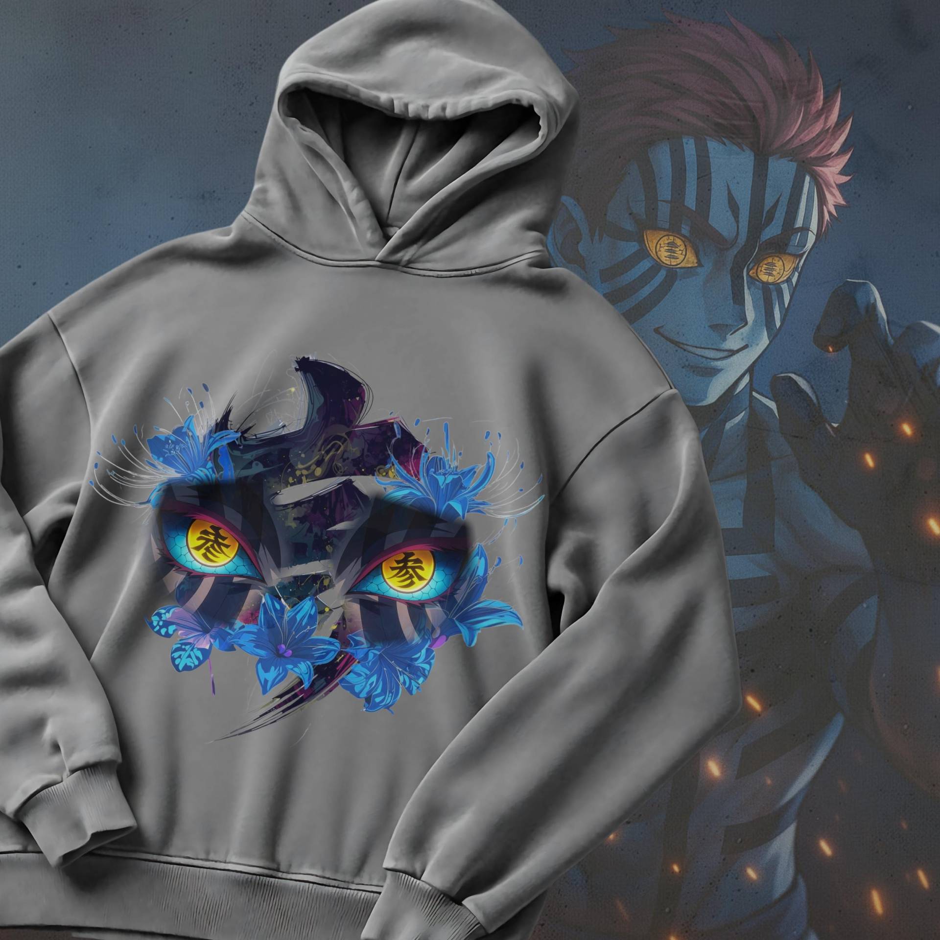 Uppermoon "Akaza" Demon Slayer Hoodie Of Rising Moon 3 - Oversize Washed Pattern With Anime Eyes Design & Backprint von AsphaltVision