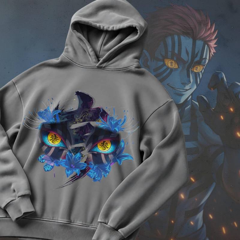 Uppermoon "Akaza" Demon Slayer Hoodie Of Rising Moon 3 - Oversize Washed Pattern With Anime Eyes Design & Backprint von AsphaltVision