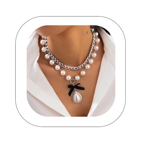 Asphinien Elegante Perlen-Choker-Halsketten, klobige Goldkette mit Barock-Tropfen-Anhänger, 2 Stück, schwarze Seidenschleife Halskette, zierliche Braut-Damen-Accessoires, one size, Metall Metall von Asphinien