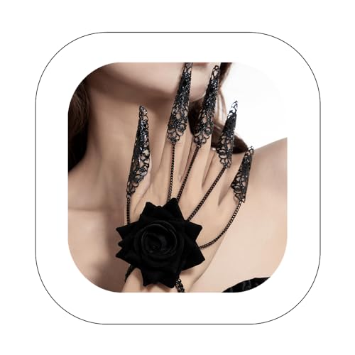 Asphinien Gothic-Finger-Armband mit Krallenspitze, hohl, florale Gliederkette, Sklavenarmband, schwarze Rose, Blumen-Armband für Damen, Halloween, Handgeschirr, Schmuck, One Size, Legierter Stahl von Asphinien