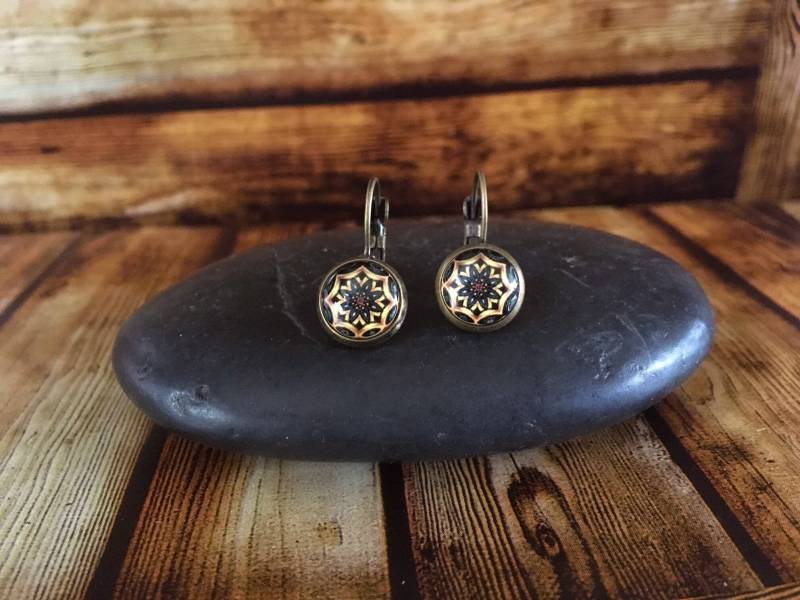 Mandala Ohrring, Schmuck, Meditation Gelb Baumeln Tropfen Ohrringe, Bronze Lever Back Ohrringe von AspiralStudio