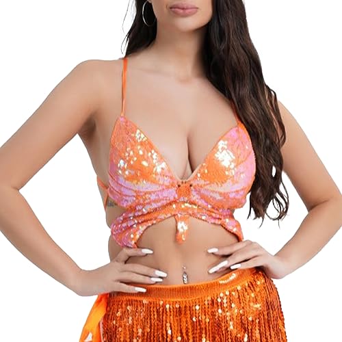 Bauchtanz Bauchtanz Crop Top Glitzer Pailletten Schmetterling Top Low-Cut Tank Top Rave Weste Metallic Glänzend Riemchen Rückenfrei Ärmellos Sparkly Tube Top, Orange, Einheitsgröße von AspireBloom