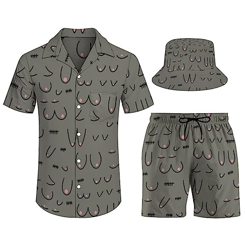 AsqLdQM Herren Boobs Lustiges Button-Up Hemd Hawaii-Hemd Party Strandanzug Dry Surfen Strand Shorts Fischerhut, Style-17, L von AsqLdQM