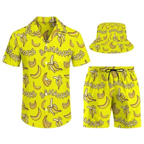AsqLdQM Herren Hawaii-Hemden Outfit Bananen Kurzarm Shirts Shorts Set 3 Stück Strand Hawaii Anzüge mit Fischerhüte, Stil:, 3XL von AsqLdQM