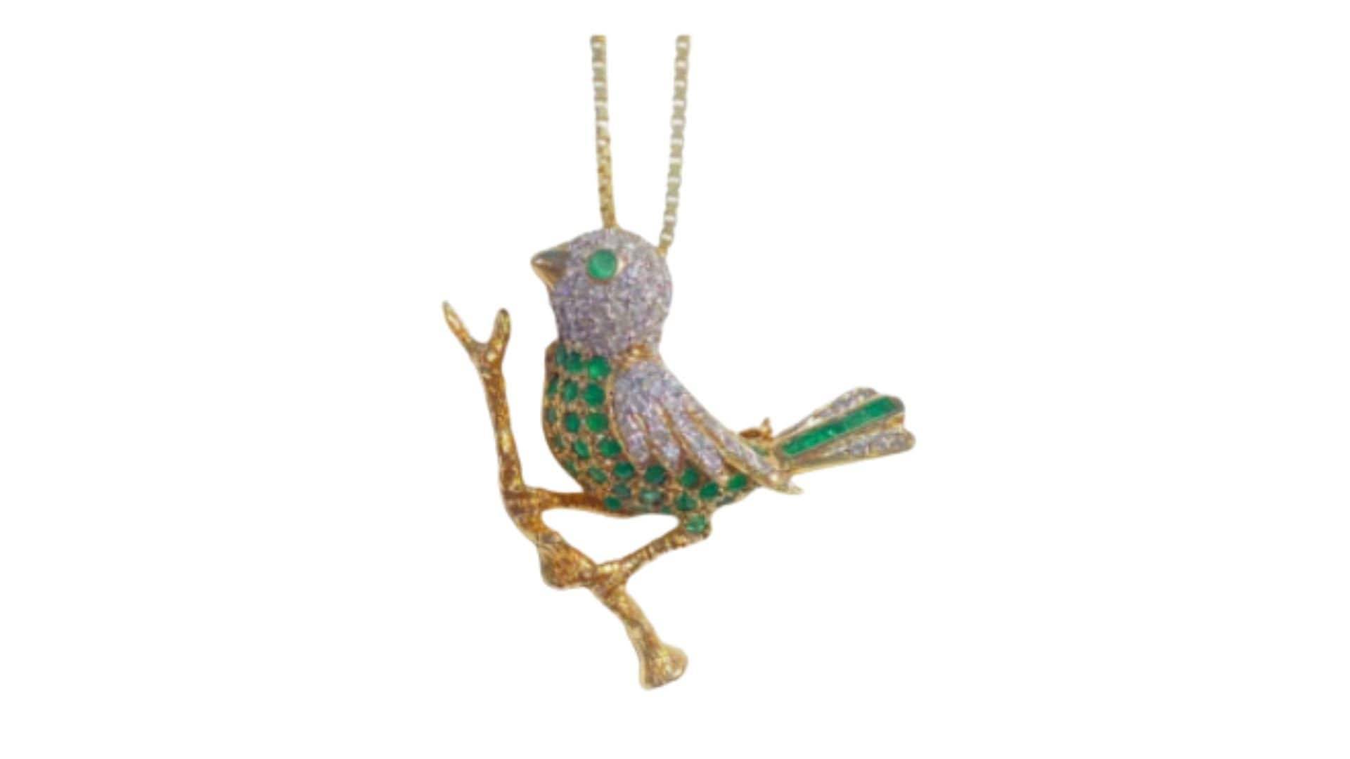 14K Solid Gold Taube Anhänger, Natürlicher Diamant Und Smaragd Taubenanhänger, 14K Vogel Anhänger/Pin Mit Diamanten Natürlichen Smaragden von AssayJewelers