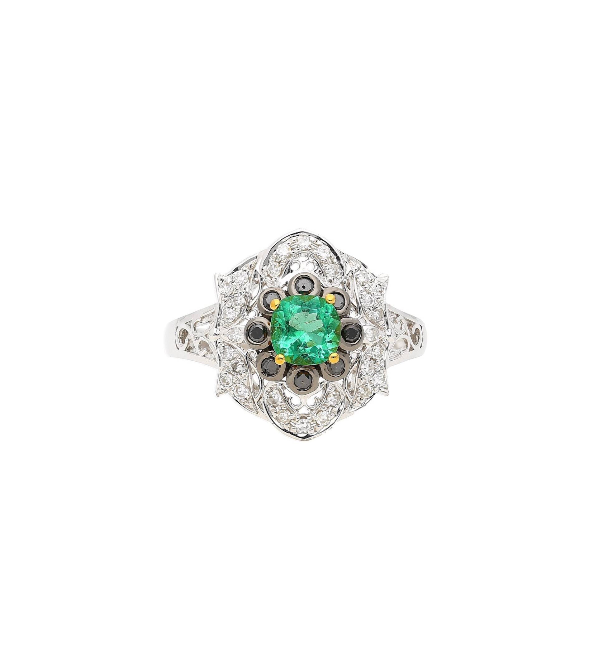 Art Deco Kissen Schliff Smaragd 14K Weißgold Ring, Natürlicher Und Schwarzer Diamant Vintage Ring von AssayJewelers