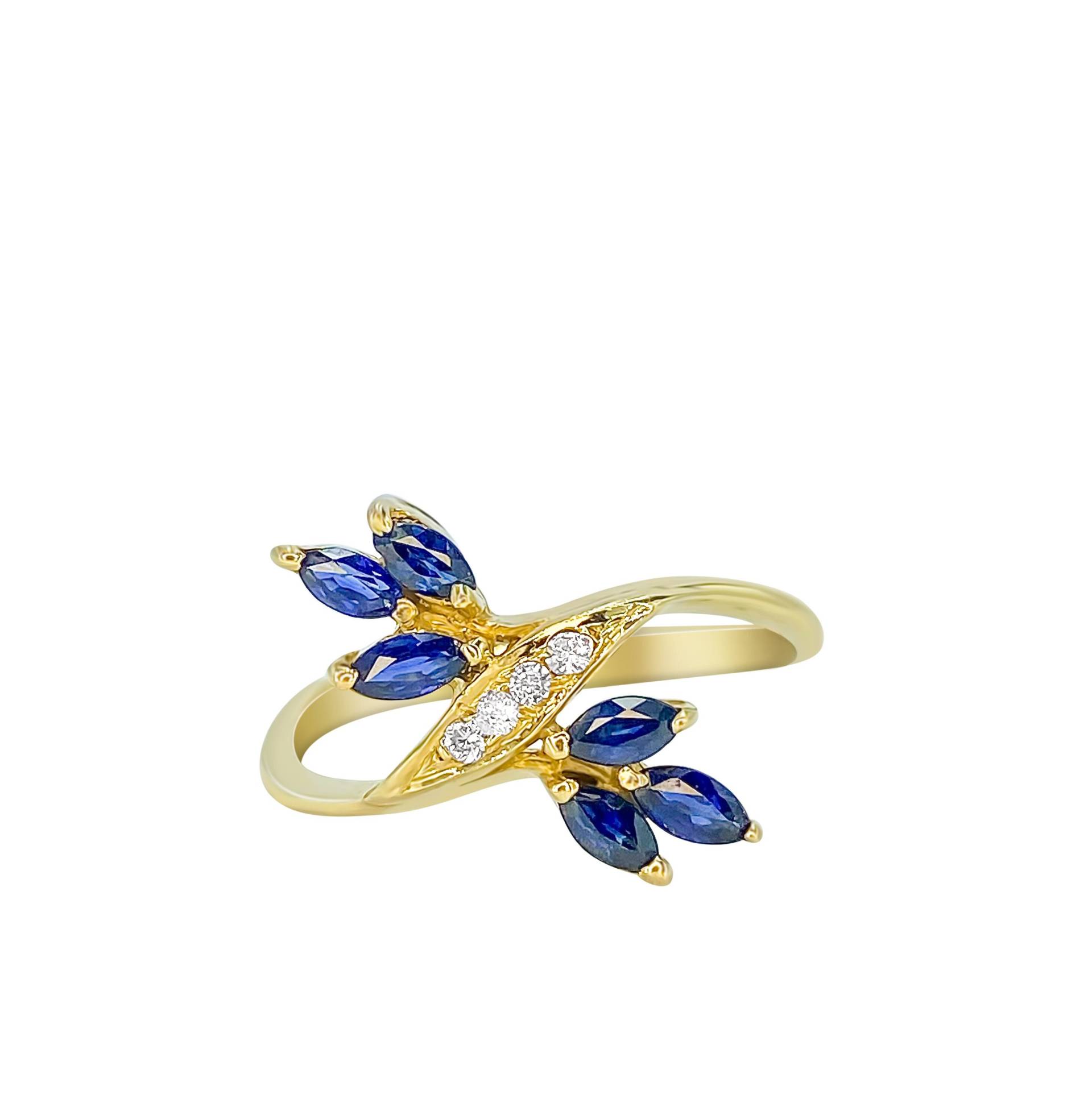 Dünner Ring Mit Blauem Saphir Und Diamant, Dünner Geschwungener Aus 14K Gelbgold, Goldring Saphirring von AssayJewelers