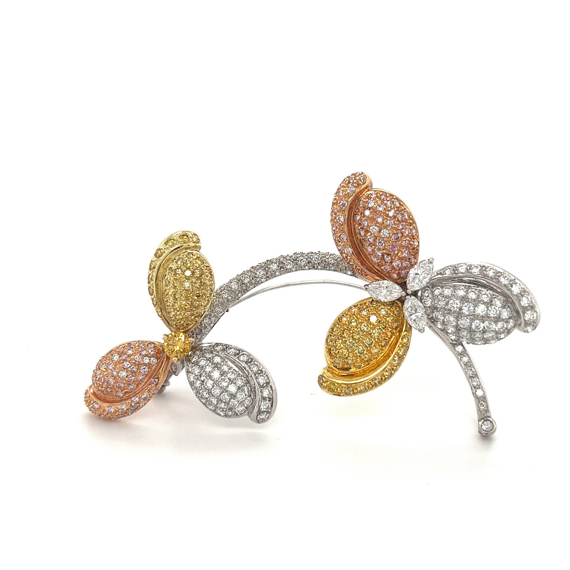 Natürliche Diamant Blumen Pin, Rose Gelb Und Weiß Gold Brosche, Gelbe Brosche Tri-Color 18K Anstecknadel von AssayJewelers