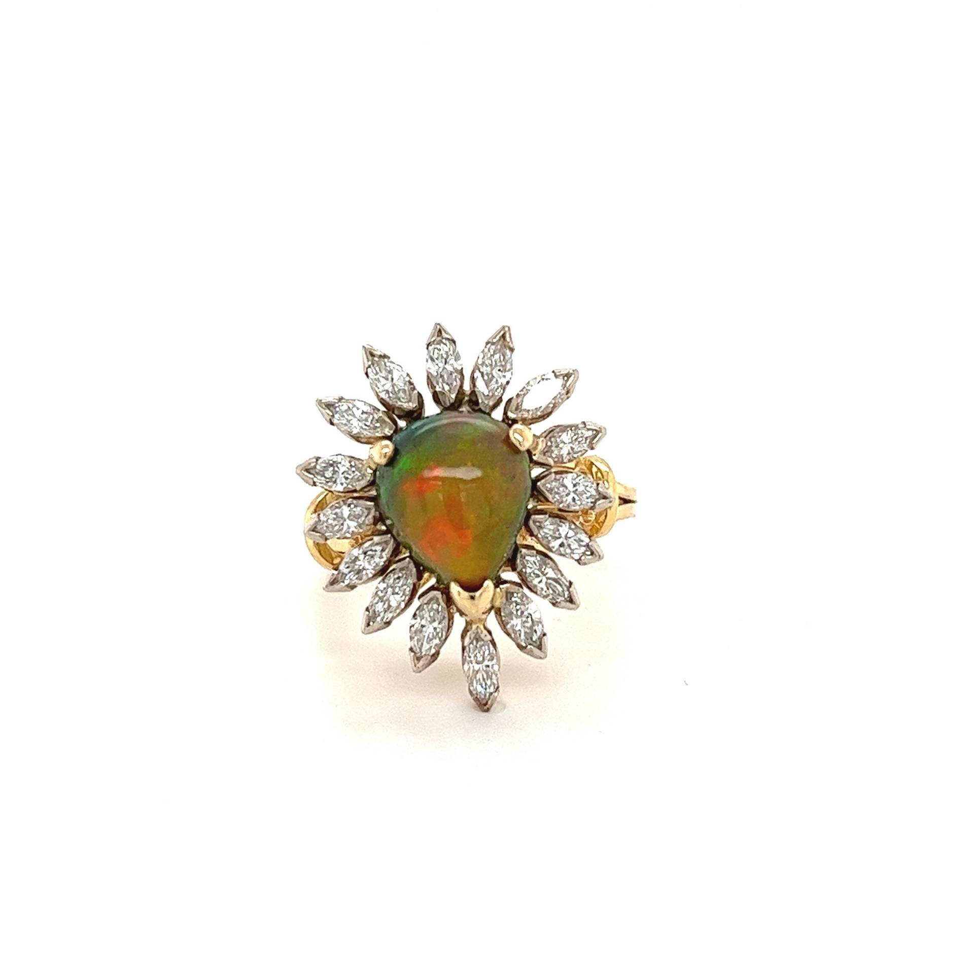 Natürlicher Opal Und Marquise Diamant Ring, Birnenform Mit Diamanten Im Schliff, Natürlicher Halo von AssayJewelers