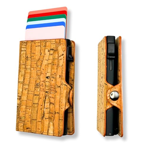 Assisi Style Veganer Kartenhalter Geldbörse, RFID-Kartenhalter mit Geldklammer – Slim Pop Up Ridge Wallet für Damen und Herren – Kork-Geschenk, verpackt, braun, Schmal, Rustikal gestreift von Assisi Style