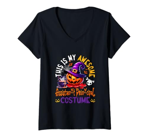 Damen My Awesome Assistant Principal Costume Witch Carved Pumpkin T-Shirt mit V-Ausschnitt Damen My Awesome Assistant Principal Costume Witch Carved Pumpkin T-Shirt mit V-Ausschnitt von Assistant Principal Halloween Costume