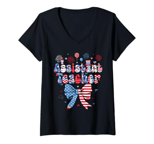 Damen Assistant Teacher 4th Of July US Flag Bow Tie Patriotic Job T-Shirt mit V-Ausschnitt von Assistant Teacher 4th Of July Costume