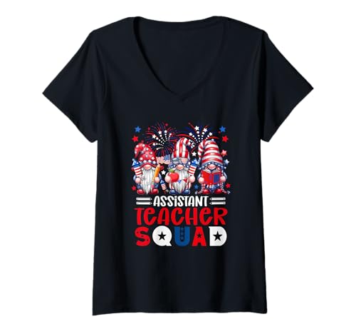 Damen Assistant Teacher Squad 4th Of July US Flag Three Gnomes T-Shirt mit V-Ausschnitt von Assistant Teacher 4th Of July Costume