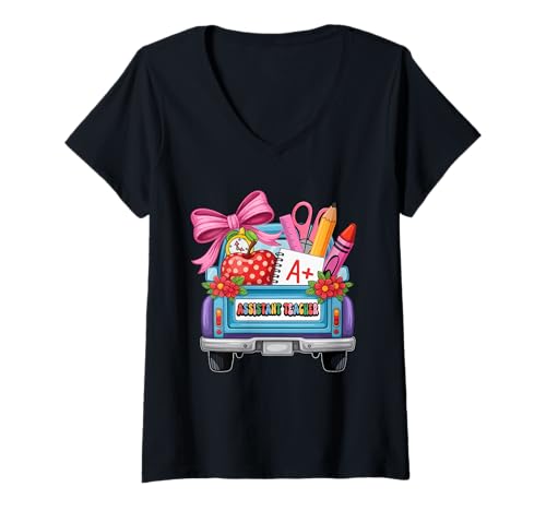 Damen Assistant Teacher Cute Tools Fliege auf LKW Back To School T-Shirt mit V-Ausschnitt von Assistant Teacher Back To School Costume