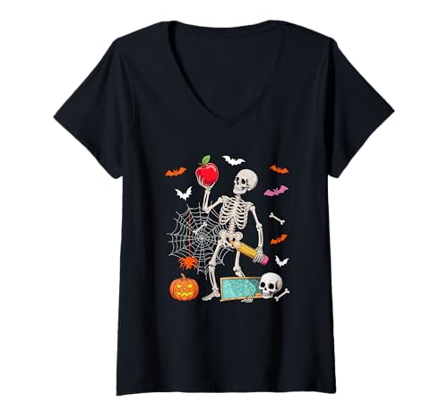 Damen Assistent Lehrer Job Horror Skelett Halloween Kostüm Team T-Shirt mit V-Ausschnitt von Assistant Teacher Halloween Costume