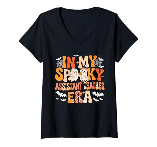 Damen In My Spooky Funny Assistant Teacher Era Halloween Boo Ghost T-Shirt mit V-Ausschnitt von Assistant Teacher Halloween Costume