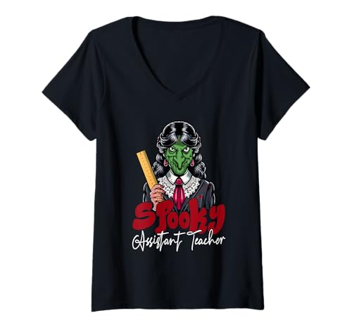 Damen Spooky Assistant Teacher Halloween Cosplay Horror Witch T-Shirt mit V-Ausschnitt von Assistant Teacher Halloween Costume