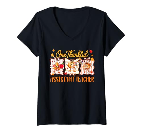 Damen One Thankful Assistant Teacher Thanksgiving Herbst Kürbiskuchen T-Shirt mit V-Ausschnitt von Assistant Teacher Thanksgiving Costume
