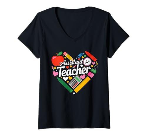 Damen Assistant Teacher Colorful Tools Cute Heart Shape Proud Job T-Shirt mit V-Ausschnitt Damen Assistant Teacher Colorful Tools Cute Heart Shape Proud Job T-Shirt mit V-Ausschnitt von Assistant Teacher Vacations Costume