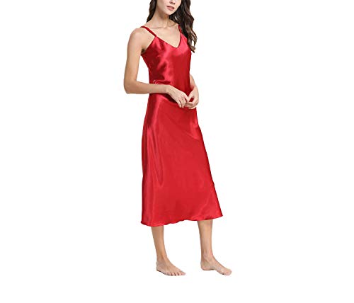 Asskyus Damen Dessous, Damen Satin Pyjamas Lace Nachtwäsche, Langes Nachthemd Reine Farbe (XXL, Rot) von Asskyus