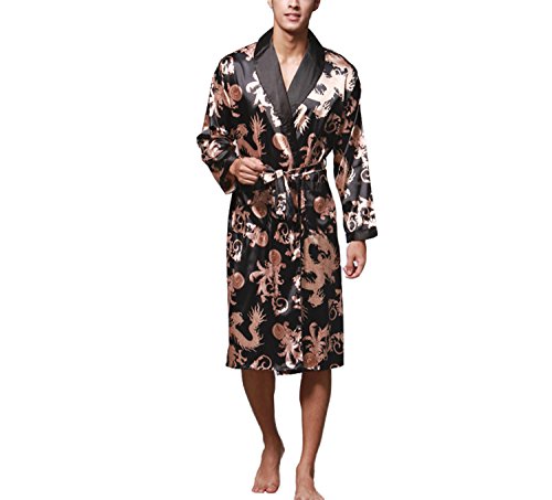 Asskyus Leichtes Satin Sleep Robe Kimono-Kleid der Männer, Bademantel für Männer Long Style (XXL, Schwarz) von Asskyus