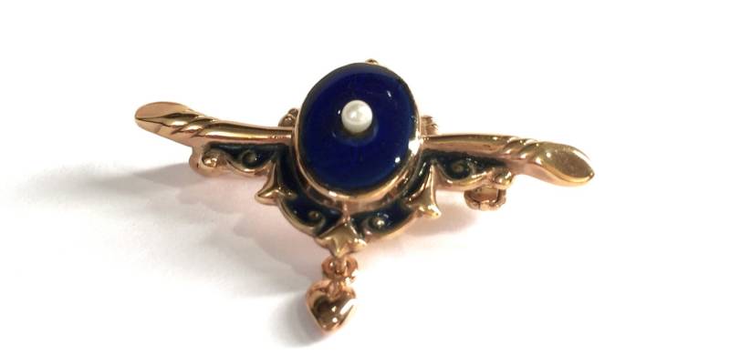 14K Rosegold Blaue Emaille Brosche Vintage Saatperle Herz Anstecknadel von AssociatedDiamonds