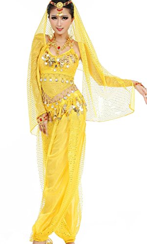 Damen Bauchtanz Kostüme Set Indischer Tanz Darbietungen Kleidung Gelb von Astage