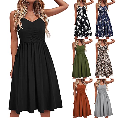 Astarcoo Damen Sommerkleid Knielang A-Linie Kleider V-Ausschnitt Strandkleid Spaghettiträger Ärmellos Elegant Partykleider Swing Blumenkleid Freizeitkleider Midikleid von Astarcoo