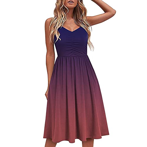 Astarcoo Damen Sommerkleid Knielang A-Linie Kleider V-Ausschnitt Strandkleid Spaghettiträger Ärmellos Elegant Partykleider Swing Blumenkleid Freizeitkleider Midikleid von Astarcoo