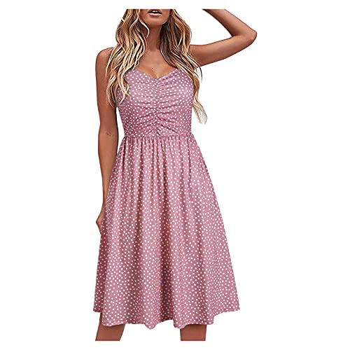 Astarcoo Damen Sommerkleid Knielang A-Linie Kleider V-Ausschnitt Strandkleid Spaghettiträger Ärmellos Elegant Partykleider Swing Blumenkleid Freizeitkleider Midikleid von Astarcoo