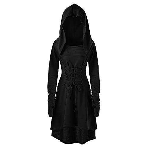 Astarcoo Halloween Kostüm Damen Vintage Gothic Kleid mit Kapuze Langarm Mittelalter Kleider Cosplay Dress Festlich Karneval Robe zum Schnüren von Astarcoo