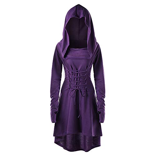 Astarcoo Halloween Kostüm Damen Vintage Gothic Kleid mit Kapuze Langarm Mittelalter Kleider Cosplay Dress Festlich Karneval Robe zum Schnüren von Astarcoo