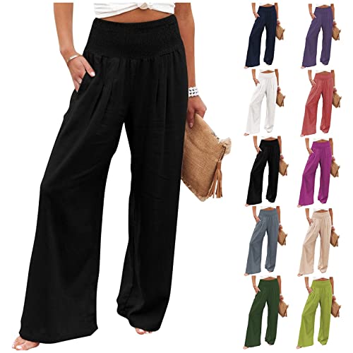 Astarcoo Hosen Damen Sommer Leinenhose Weites Bein Elegant High Waist Palazzo Hose Casual Freizeithose Stoffhose Yogahose Einfarbig Bequeme Leichte Strandhose Linen Pants mit Taschen von Astarcoo