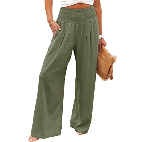 Astarcoo Hosen Damen Sommer Leinenhose Weites Bein Elegant High Waist Palazzo Hose Casual Freizeithose Stoffhose Yogahose Einfarbig Bequeme Leichte Strandhose Linen Pants mit Taschen von Astarcoo