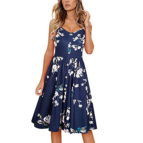 Astarcoo Kleider Damen Sommer V-Ausschnitt Midikleid Knopfleiste Blusenkleid Sommerkleid Knielang Strandkleid Tunika Kleid Lässig Locker Swing Freizeitkleid mit Taschen von Astarcoo