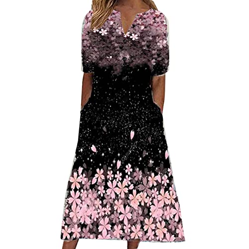 Astarcoo Sommerkleid Damen Kurzarm V-Ausschnitt Knopfleiste Freizeitkleid Locker Kleider Elegant Sommerkleider Casual Blumenkleid Maxikleid Lange Kleid Strandkleid Mit Taschen von Astarcoo