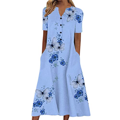 Astarcoo Sommerkleid Damen Kurzarm V-Ausschnitt Knopfleiste Freizeitkleid Locker Kleider Elegant Sommerkleider Casual Blumenkleid Maxikleid Lange Kleid Strandkleid Mit Taschen von Astarcoo