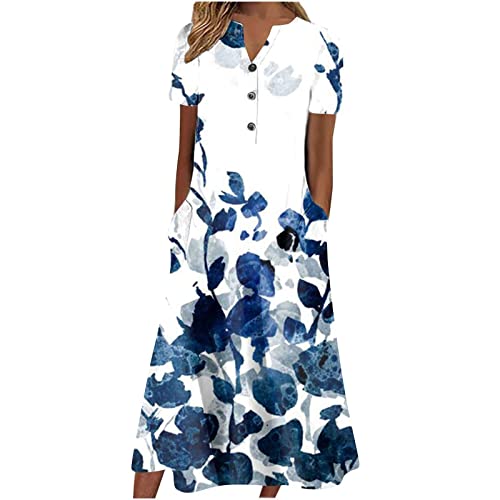 Astarcoo Sommerkleid Damen Kurzarm V-Ausschnitt Knopfleiste Freizeitkleid Locker Kleider Elegant Sommerkleider Casual Blumenkleid Maxikleid Lange Kleid Strandkleid Mit Taschen von Astarcoo