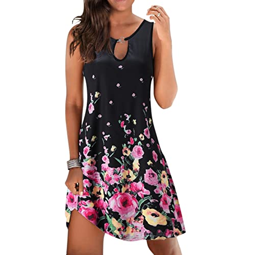 Astarcoo Sommerkleider Damen Knielang Kurz Kleider Blumen T-Shirt Strandkleid Lässig Sommer Partykleid Elegant Ärmellos Cut Out Freizeitkleider Mini Dress von Astarcoo